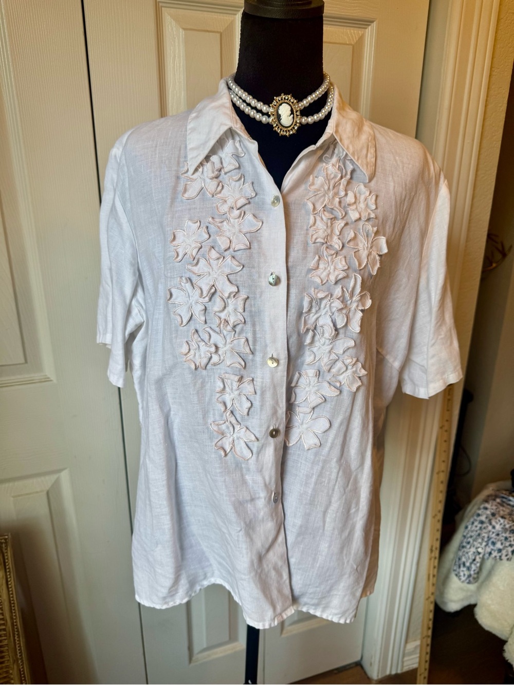 White Irish Linen Floral Appliqué Shirt